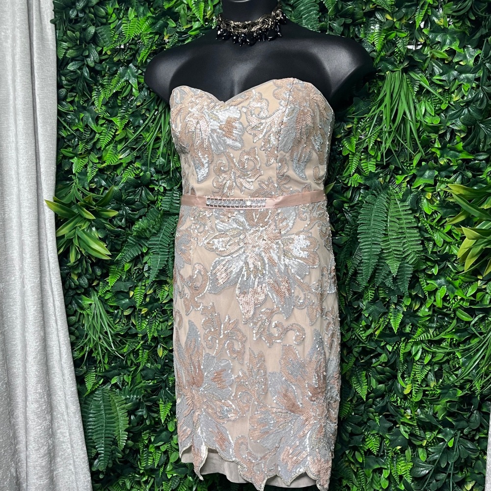 Bisou Bisou Dress Large Nude Silver Gold Sequin Strapless Floral Cocktail 3843
